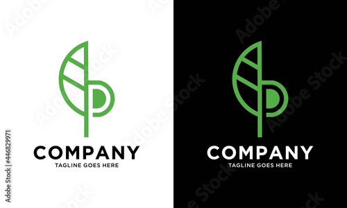 letter P with the concept of a monogram in the form of green leaves.