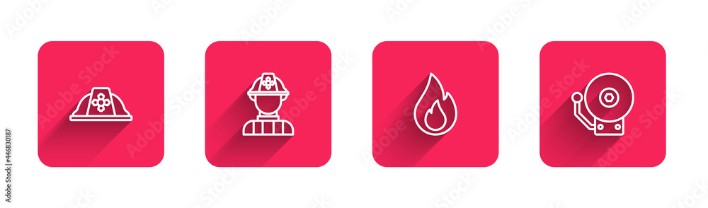 Set line Firefighter helmet, , flame and Ringing alarm bell with long shadow. Red square button. Vector Set line Firefighter helmet, , flame and Ringing alarm bell with long shadow. Red square button. Vector