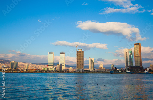 View of the city of Izmir Turkey. Panorama of Izmir in the afternoon from the sea.
