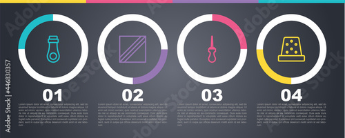 Set line Zipper, Textile fabric roll, Awl tool and Thimble for sewing. Business infographic template. Vector