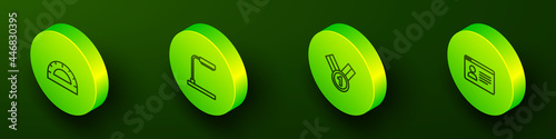 Set Isometric line Protractor grid, Table lamp, Medal and Online class icon. Vector