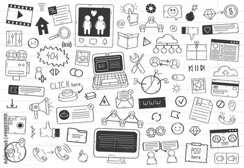 Social media doodle elements. Network hand drawn social media symbols isolated vector illustration set. Social network sketch doodle icons