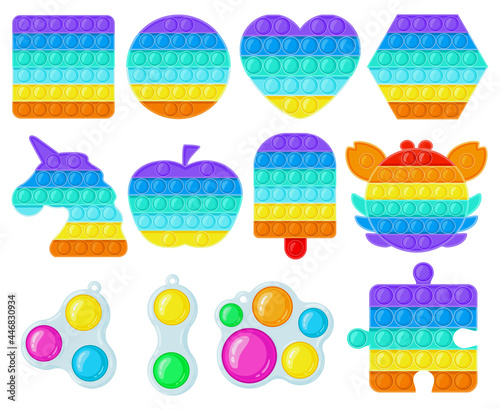 Antistress pop it and simple dimple toys. Trendy fidget children toys, sensory and color learning for kids vector illustration set. Silicone bubbles toys photo