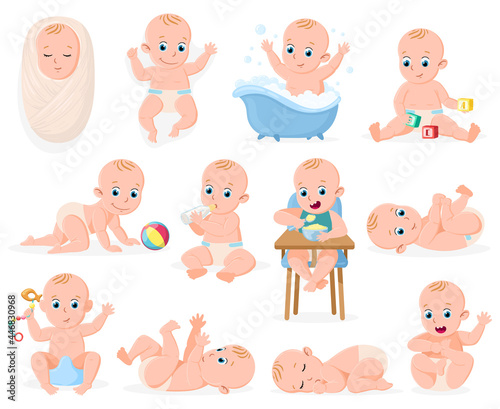 Newborn baby. Infant cute boy or girl babies, cheerful infant baby bathing, sleeping and playing activities vector illustration set. Infant newborn babies