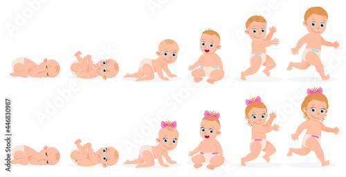 Fototapeta Naklejka Na Ścianę i Meble -  First year baby timeline. Baby boy and girl first year development from newborn to toddler vector illustration. Cute baby month stages development