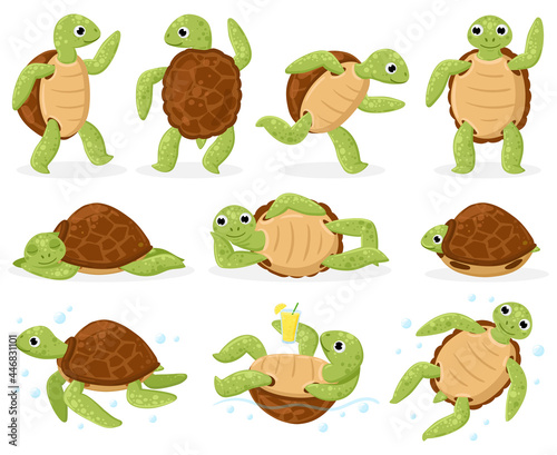 Cartoon turtle. Cute sea tortoise swimming, dancing and sleeping, little aquatic reptiles cartoon vector illustration set. Tortoiseshell mascots