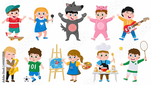 Cartoon kids hobbies. Children creative musical, acting, drawing, dancing hobby, school or preschool kids activities vector illustration set. Cute childrens hobbies