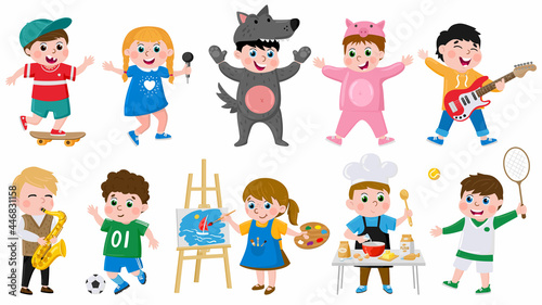 Cartoon kids hobbies. Children creative musical  acting  drawing  dancing hobby  school or preschool kids activities vector illustration set. Cute childrens hobbies