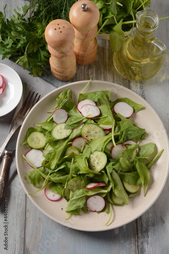 Fresh vegetarian vegetable salad with radish, cucumber and arugula, healthy food.