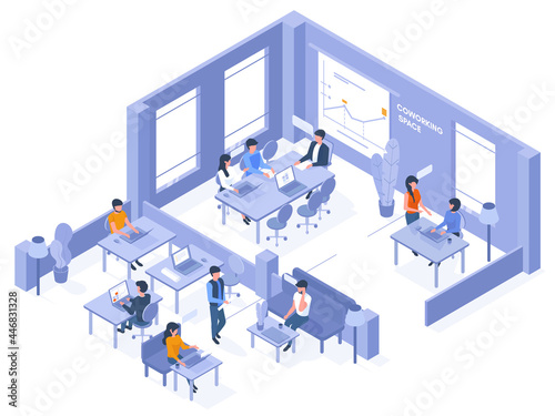 Coworking isometric office. Freelancer coworkers in open office space, 3d business coworking space vector illustration. Creative isometric office