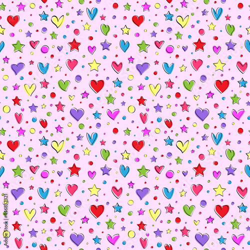 Pattern of hearts, stars and circles in straight style on pink background