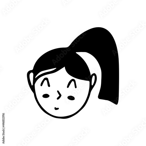 Doodle girl face. Black and white vector isolated illustration single logo. Happy girl with a ponytail. Student or teenager