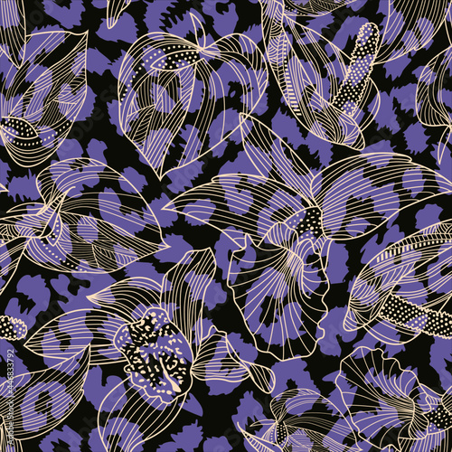 pattern design of leopard animal print and flowers vector. Design for textile industry. 