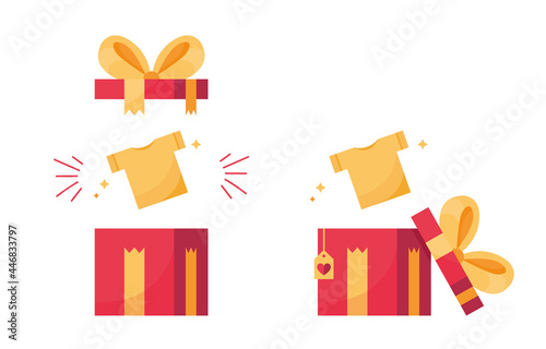 Set icon gift box present with t-shirts. Surprise for holiday, New Year, Christmas, xmas, Valentine day's and Birthday. Open gifts with ribbon and bow. Red and Yellow. Eps 10