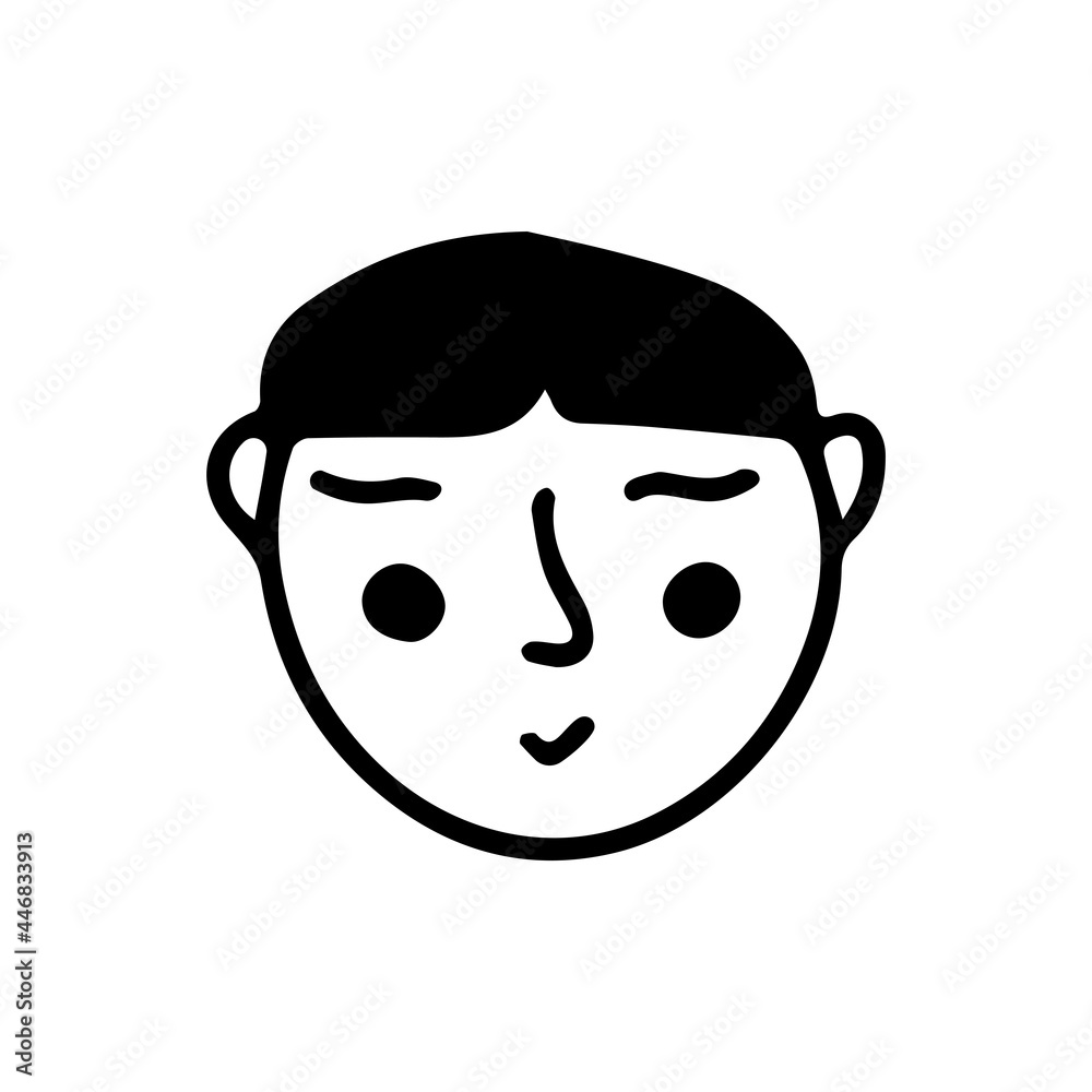 Doodle asian guy face. Black and white vector isolated illustration single logo. Smiling man. Student or teenage Doodle asian guy face. Black and white vector isolated illustration single logo. Smiling man. Student or teenage