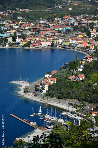 Torbole, a beautiful Italian town at Lago di Garda. Top view to the old town center and the port. Trentino, Italy.