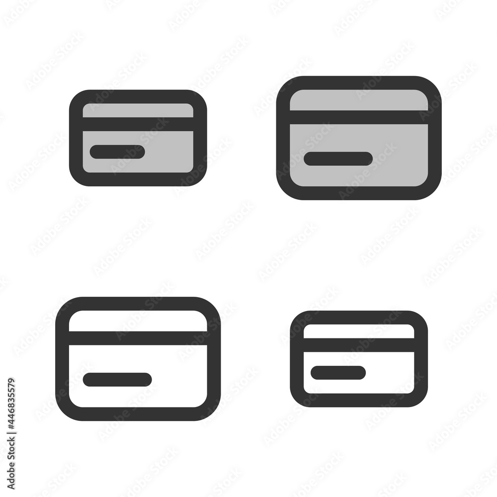 Pixel-perfect linear icon of a bank card built on two base grids of 32 x 32 and 24 x 24 pixels. The initial base line weight is 2 pixels. In two-color and one-color versions. Editable strokes Pixel-perfect linear icon of a bank card built on two base grids of 32 x 32 and 24 x 24 pixels. The initial base line weight is 2 pixels. In two-color and one-color versions. Editable strokes