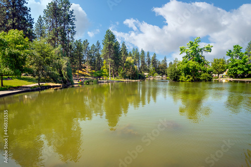 Afternoon view of the Manito Park Mirror or Duck pond in Spokane  Washington  USA