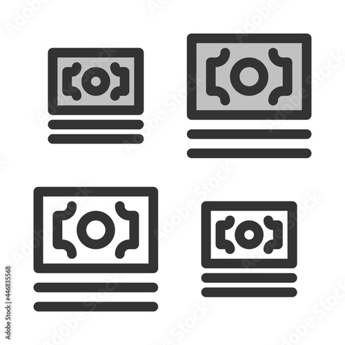 Pixel-perfect linear icon of banknotes pack  built on two base grids of 32 x 32 and 24 x 24 pixels. The initial base line weight is 2 pixels. In two-color and one-color versions. Editable strokes