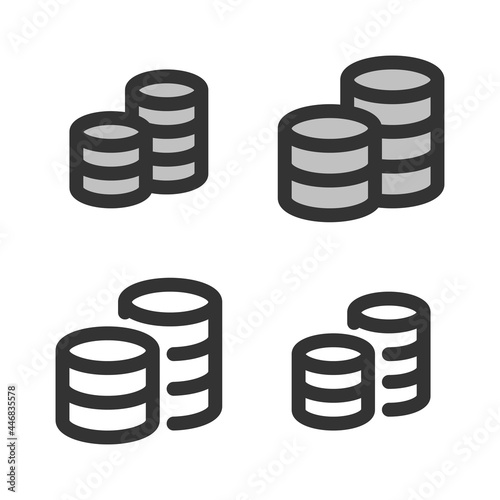 Pixel-perfect linear icon of coins stack built on two base grids of 32 x 32 and 24 x 24 pixels. The initial base line weight is 2 pixels. In two-color and one-color versions. Editable strokes