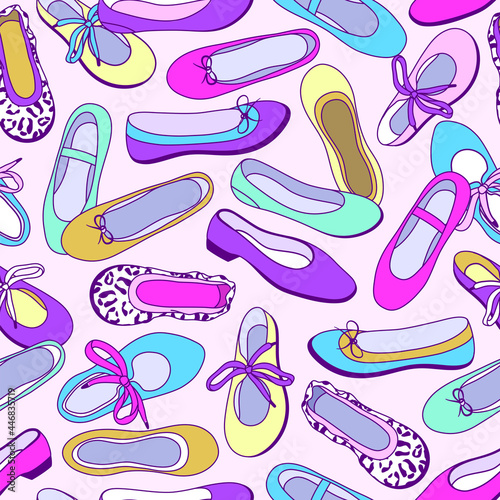Women's shoes seamless pattern in bright neon color. Ballet flats background for sale or shopping ad