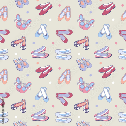Fashionable women s shoes seamless pattern in retro style. Ballet flats background in pastel girly colors