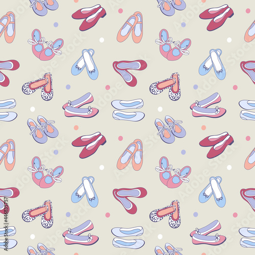 Fashionable women's shoes seamless pattern in retro style. Ballet flats background in pastel girly colors