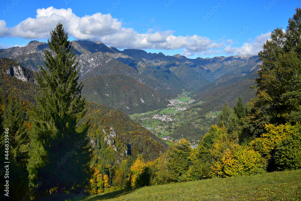 Some small towns near Lago di Ledro and their surrounding mountains. Fantastic view from Monte Corno. Trentino, Italy.