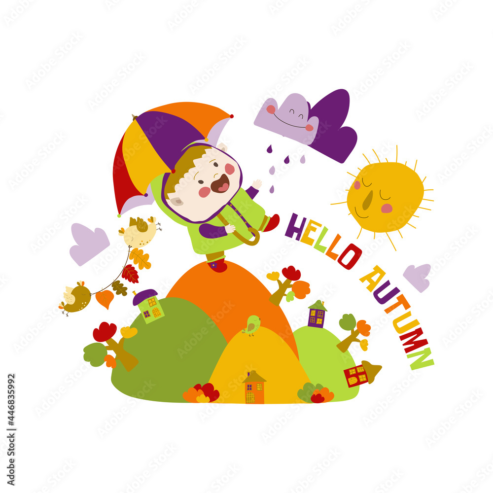 Naklejka premium A little girl is happy with the beginning of autumn. Happy little girl with umbrella walking in the rain. Illustration on white background in cartoon style. Hand drawing. Postcard, poster, web design