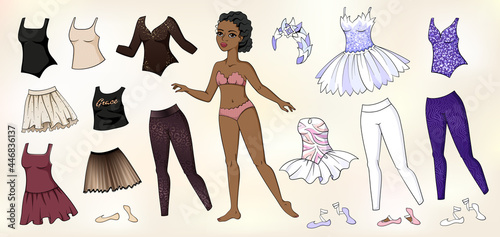 African American ballerina girl paper doll with set of clothes and pointe shoes.  Body template and outfit for cutting photo