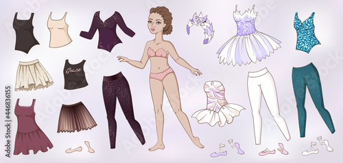 Paper doll with ballet clothes and pointe shoes.  Beautiful girl. Template for cutting and play  photo