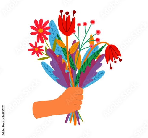 Main tendue offrant bouquet de fleurs, dessin vectoriel, différents type de fleurs et main, style paper cut. 