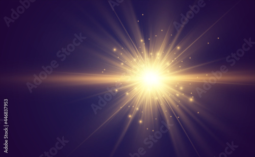 Special lens flash, light effect. The flash flashes rays and searchlight. illust.White glowing light. Beautiful star Light from the rays. The sun is backlit. Bright beautiful star. Sunlight. Glare.	