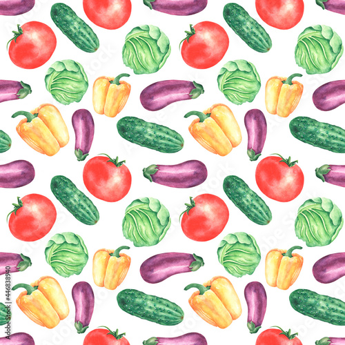 Harvest vegetables watercolor seamless pattern. Eggplant, tomato, cucumber, pepper, cabbage. Summer vegetables. Vitamins. Vegetable background. Bright and juicy colors. For printing on fabrics