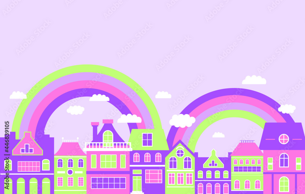 colorful houses stand in a row close to each other above the houses - a rainbow and clouds. template for postcards, site. colorful houses stand in a row close to each other above the houses - a rainbow and clouds. template for postcards, site.