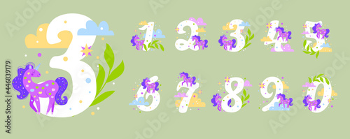 numbers from 1 to 9 with unicorn, clouds and stars. Postcard, poster, template.