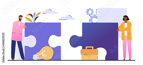 Business partners teamwork. Man and woman connect two large puzzle. Collaboration and partnership strategy to unite company. Cartoon modern flat vector illustration isolated on a white background