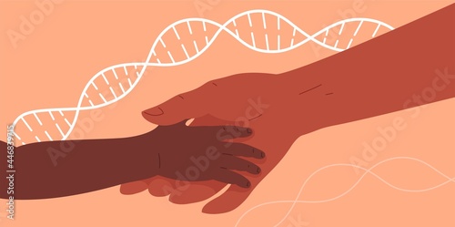Two hands join, father or mother with child. Concept vector illustration for genetics, DNA testing, paternity or maternity testing, hereditary diseases, biology. Background with DNA chain.