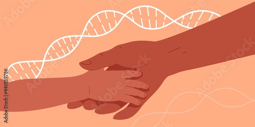 Two hands join, father or mother with child. Concept vector illustration for genetics, DNA testing, paternity or maternity testing, hereditary diseases, biology. Background with DNA chain.