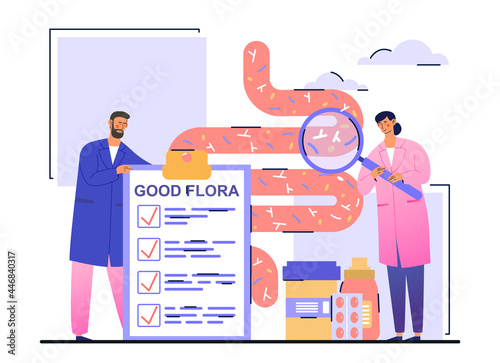Healthy diet and nutrition concept. Doctors check the gastrointestinal tract. Healthy intestinal microflora, comfortable digestion. Cartoon flat vector illustration isolated on a white background