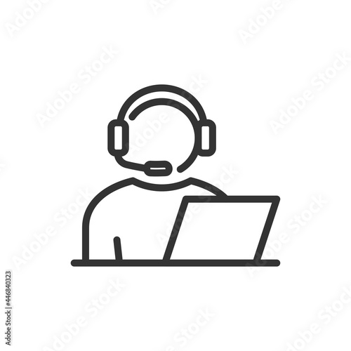 Man working on laptop icon. Online consultant, operator. Communicates with customers through a headset. Working from home
