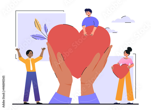Charity and volunteering activity concept. Hands hold a big loving heart. Characters give their support to people in need. Cartoon modern flat vector illustration isolated on a white background