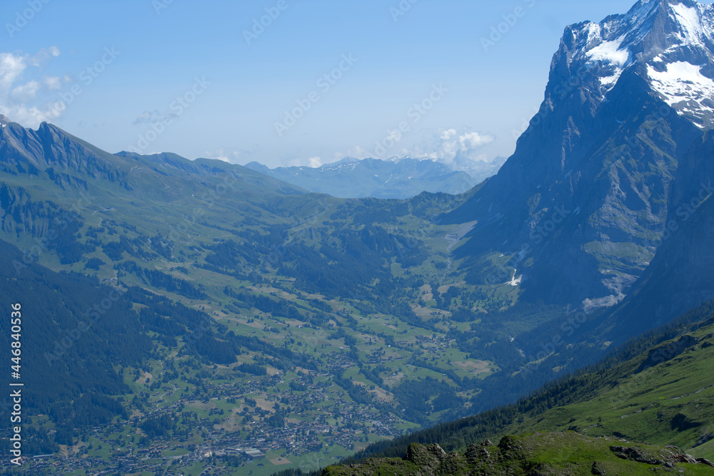 Aerial view of village Grindelwald at bernese Oberland on a sunny summer day. Photo taken July 20th, 2021, Lauterbrunnen, Switzerland.