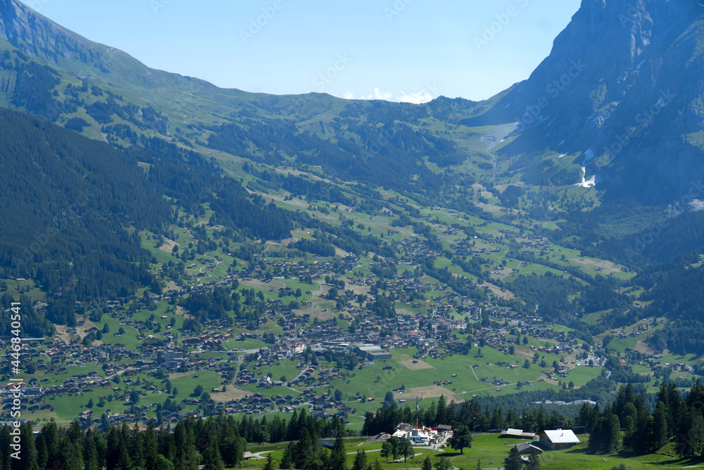 Aerial view of village Grindelwald at bernese Oberland on a sunny summer day. Photo taken July 20th, 2021, Lauterbrunnen, Switzerland.