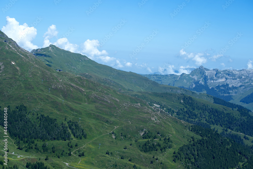 Aerial view of mountain landscape at bernese Oberland region Jungfrau on a sunny summer day. Photo taken July 20th, 2021, Lauterbrunnen, Switzerland.