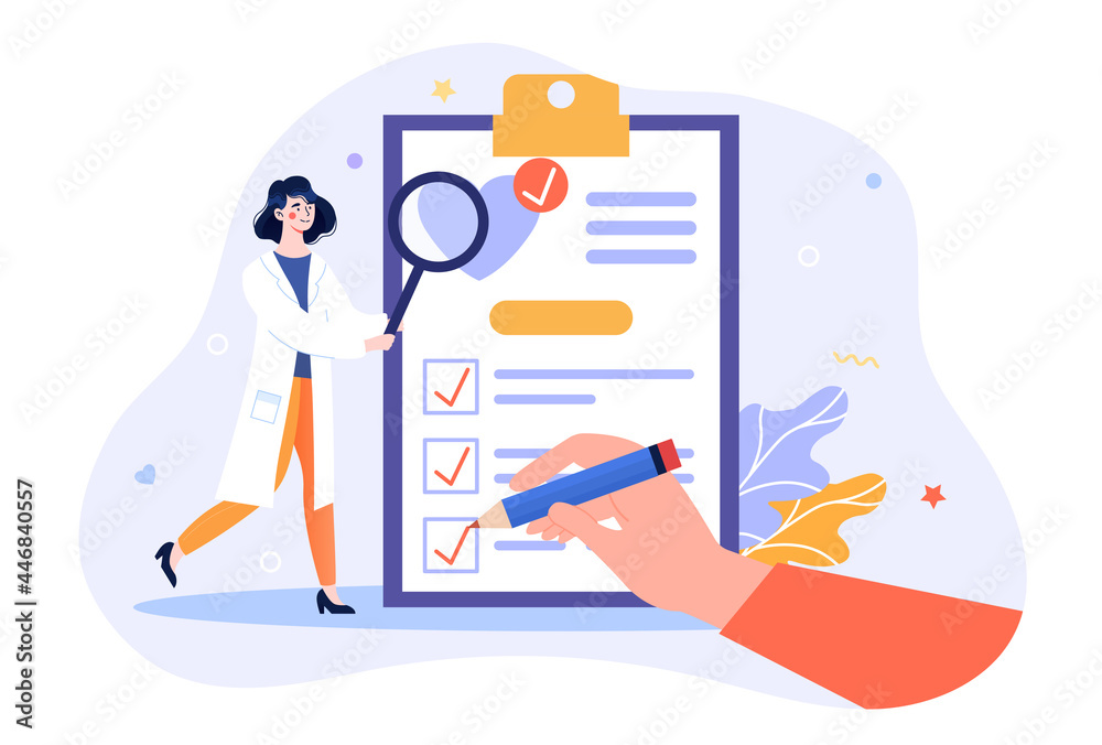 Medical checkup concept. Doctor conducts a routine examination for the prevention of various diseases. Consultation with a therapist. Cartoon flat vector illustration isolated on a white background Medical checkup concept. Doctor conducts a routine examination for the prevention of various diseases. Consultation with a therapist. Cartoon flat vector illustration isolated on a white background