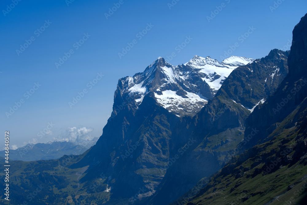 Mount Wetterhorn (weather horn) on a sunny summer day at Grindelwald. Photo taken July 20th, 2021, Lauterbrunnen, Switzerland.