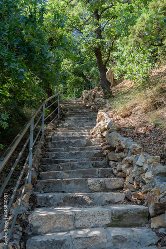 Stone staircase after renovation on the trail leading from St. George Monastery to Jasper Beach  Cape Fiolent  Crimea Russia. Famous 800 steps to the beach. The concept of healthy and active travel.