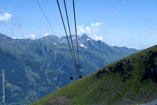 Brand new cable car Eiger Express, introduced December 2020. The 44 cabins are running between station Grindelwald Terminal and station Eiger glacier. Photo taken July 20th, 2021, Switzerland.