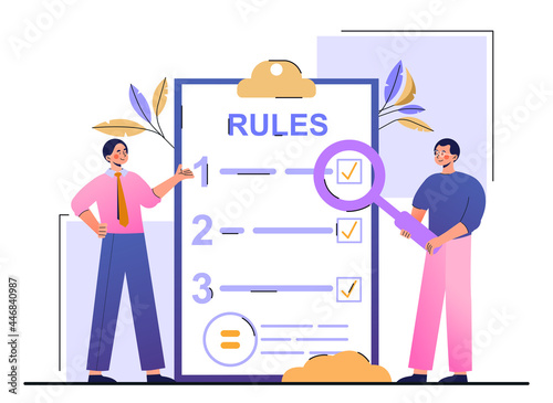 List of rules concept. Men make up a checklist for regulating relations in the team. Legislative project. Character read and approve innovations. Cartoon flat vector illustration on a white background